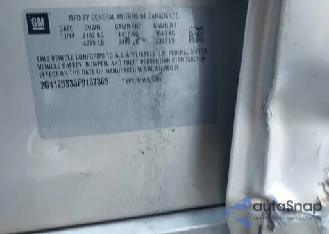 2015 Chevrolet Impala 2Lt from USA, damaged, VIN 2G1125S33F9167365